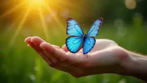Un papillon bleu aux ailes irisées posé sur une main ouverte dans la lumière dorée du matin, symbolisant la papillons bleu signification et le message spirituel de transformation