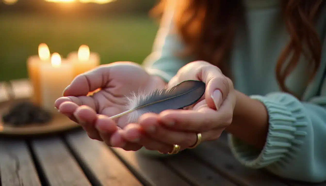 Mains féminines tenant délicatement une plume grise lors d'un rituel spirituel en plein air, symbolisant la réception consciente d'un signe de l'univers