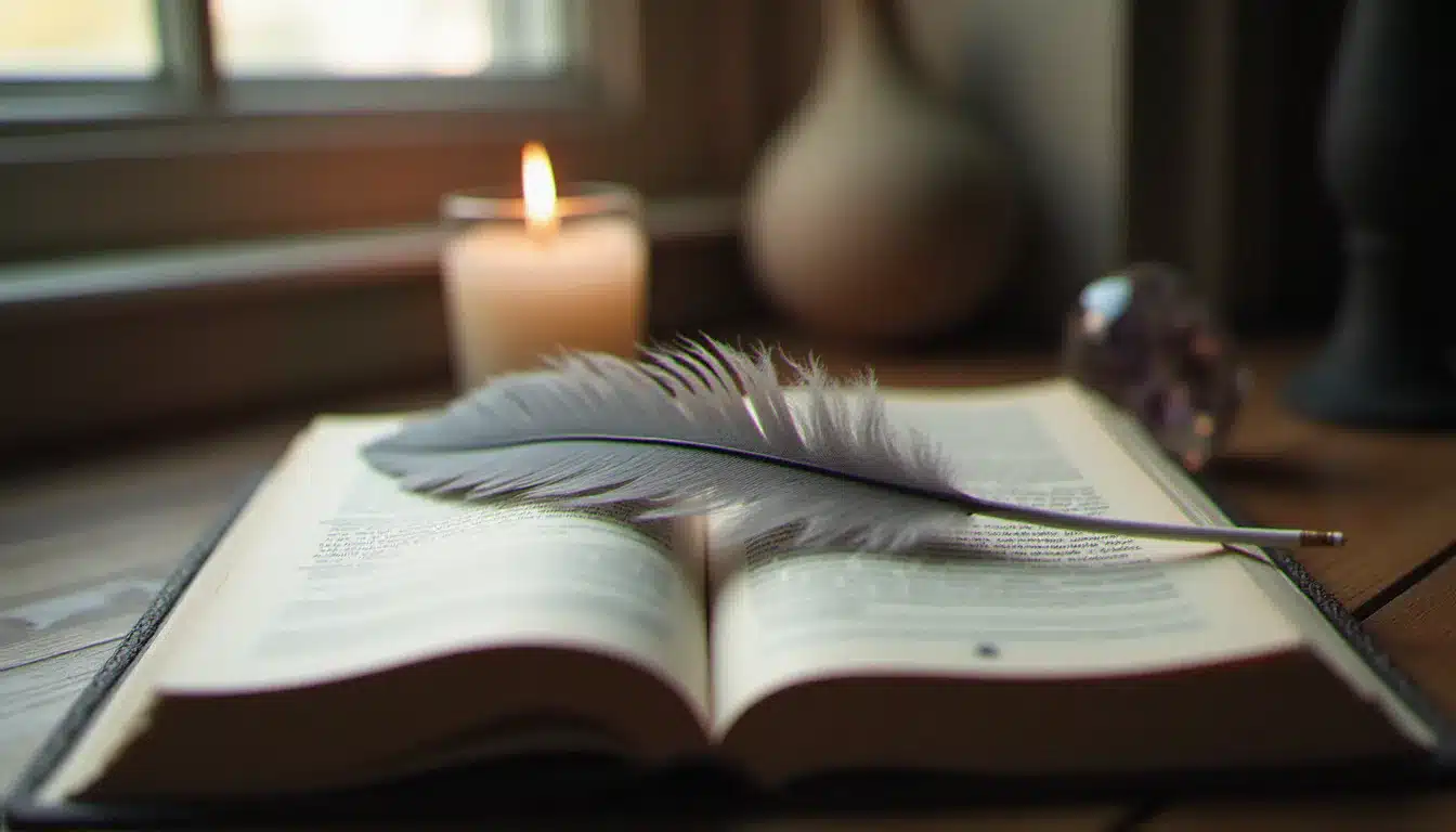 Plume grise sur un journal ouvert avec une bougie blanche allumée, évoquant le rituel d'interprétation spirituelle et la pratique de l'écriture introspective