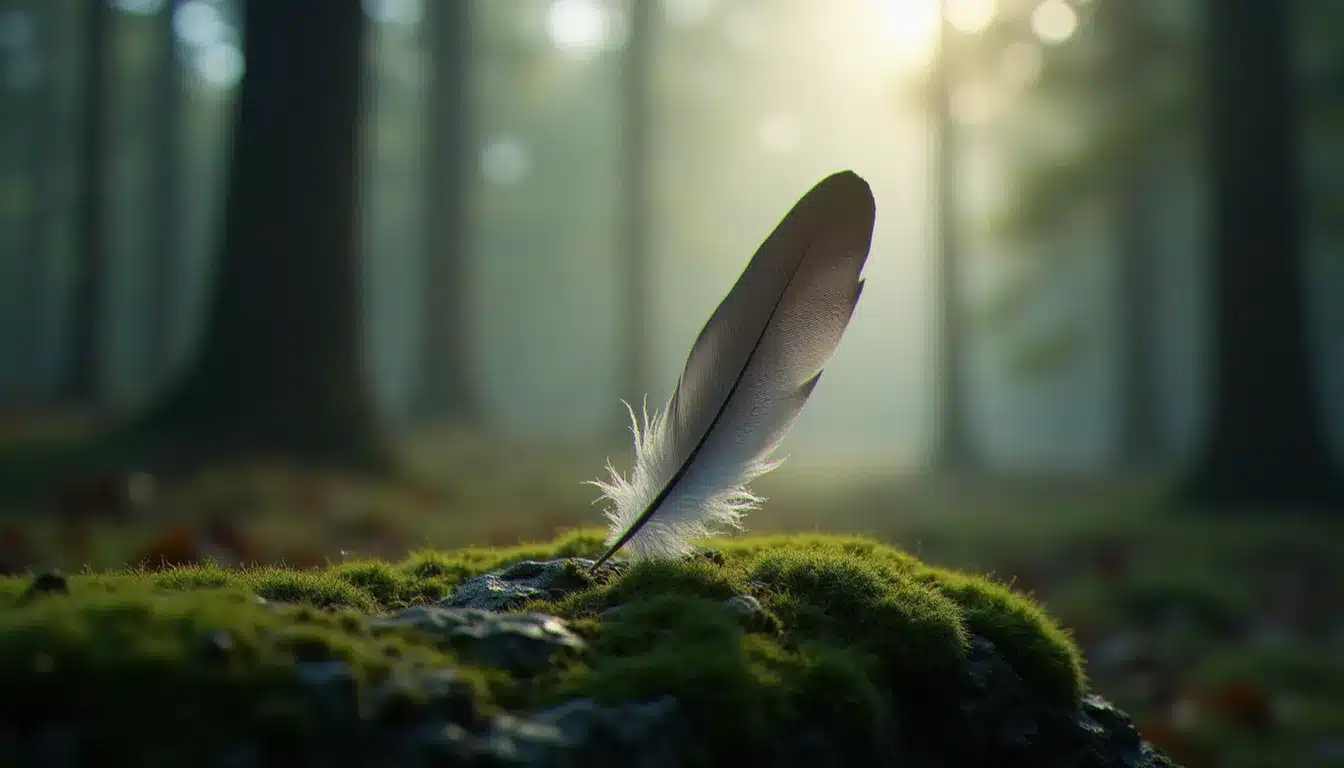 Plume grise posée sur une pierre mousseuse dans une clairière brumeuse, illustrant la plume grise signification comme signe spirituel de transition et de sagesse