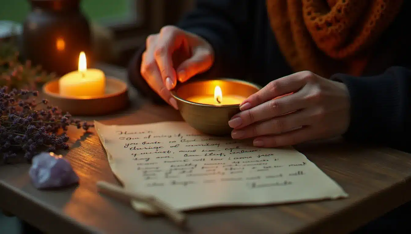 Des mains féminines tenant une lettre au-dessus d'une flamme lors d'un rituel de libération émotionnelle, pratique recommandée quand le chaser rejette le runner pour traverser cette phase avec conscience
