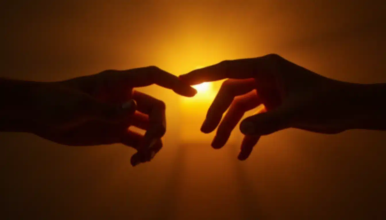 Deux mains qui se tendent sans se toucher dans la lumière dorée de bougies, évoquant l'attraction et la distance entre runner et chaser dans la relation de flamme jumelle