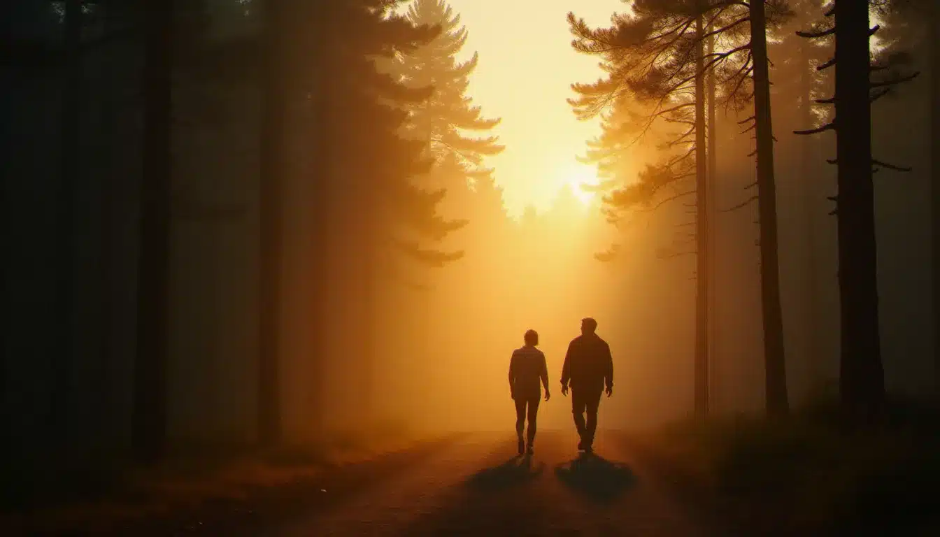 Deux silhouettes sur un chemin forestier brumeux à l'aube illustrant la dynamique runner chaser flamme jumelle, l'un s'éloignant, l'autre regardant en arrière
