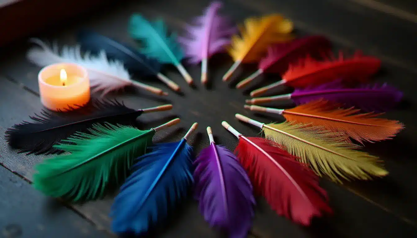 Collection de plumes de différentes couleurs disposées en cercle sur bois sombre avec une bougie, représentant les diverses significations spirituelles des couleurs de plumes