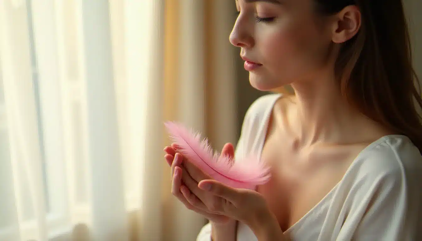 Femme en méditation tenant une plume rose contre son cœur près d'une fenêtre lumineuse, pratique spirituelle autour de la signification des couleurs de plumes