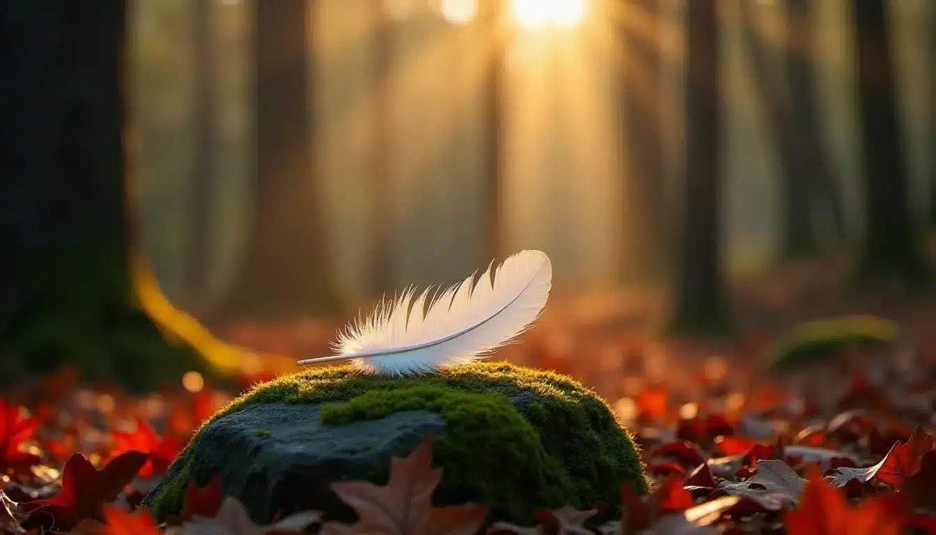 Plume blanche posée sur une pierre couverte de mousse en forêt, illustrant la signification des couleurs de plumes dans un cadre naturel lumineux