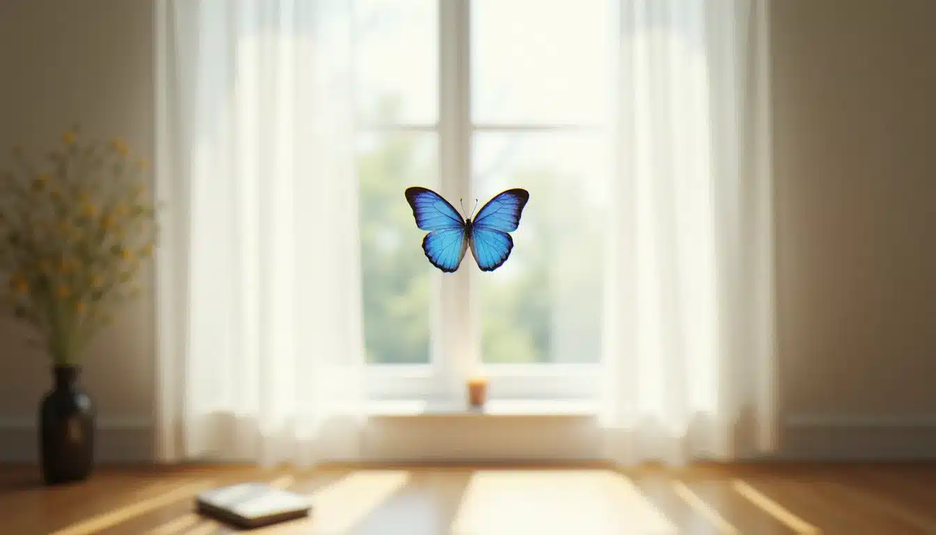 Un papillon bleu s'envolant vers une fenêtre lumineuse dans une pièce de méditation épurée, symbolisant l'apparition d'un signe spirituel dans un moment de transformation