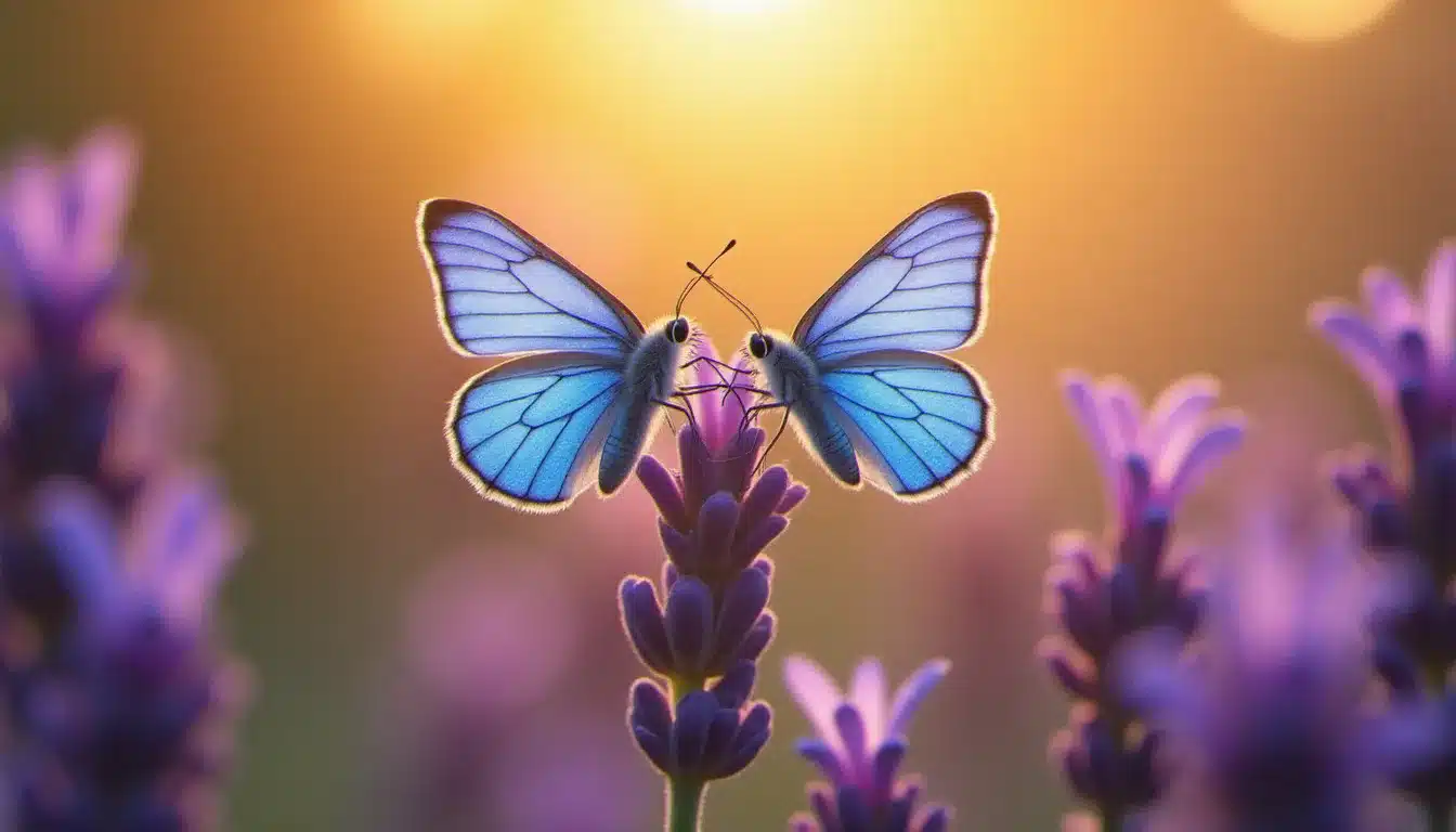 Deux papillons bleus volant ensemble au-dessus d'un champ de lavande au coucher du soleil, évoquant la connexion des flammes jumelles et le symbolisme du papillon bleu dans les relations âmes sœurs