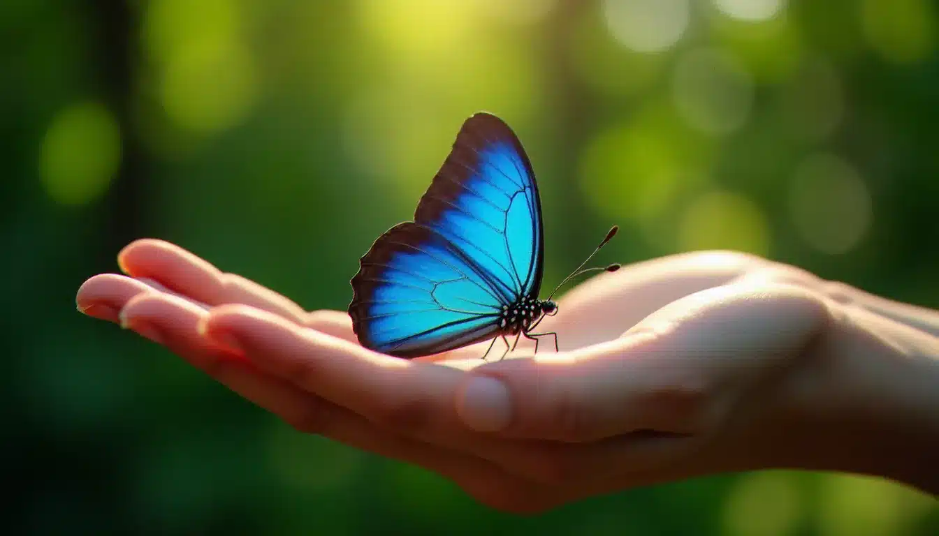 Un grand papillon bleu morpho aux ailes iridescentes posé sur la paume d'une main ouverte, illustrant la signification du papillon bleu comme signe spirituel de transformation