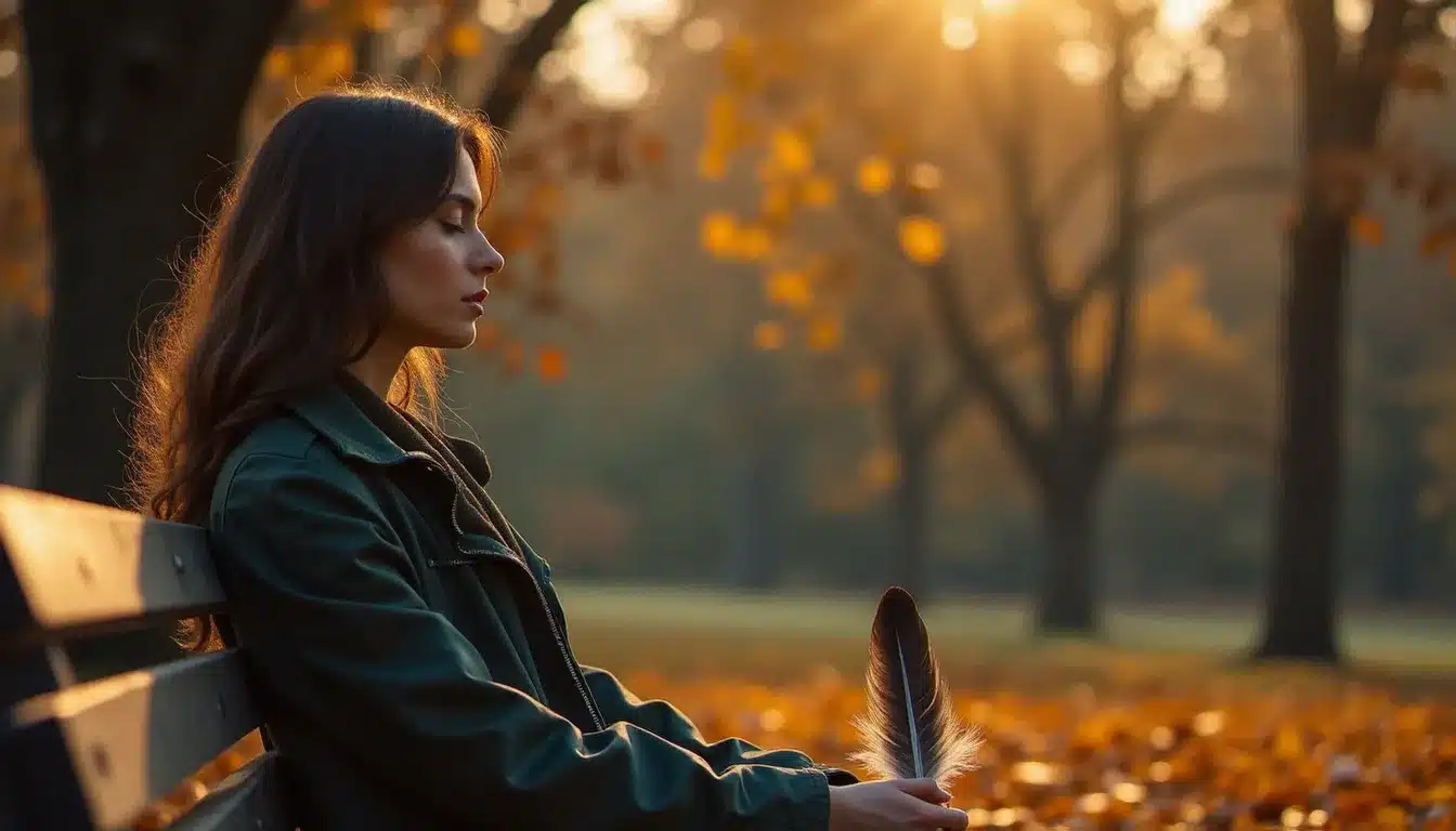 Une femme assise seule sur un banc en automne, les yeux fermés en méditation, une plume grise posée à côté d'elle, lumière dorée et atmosphère contemplative
