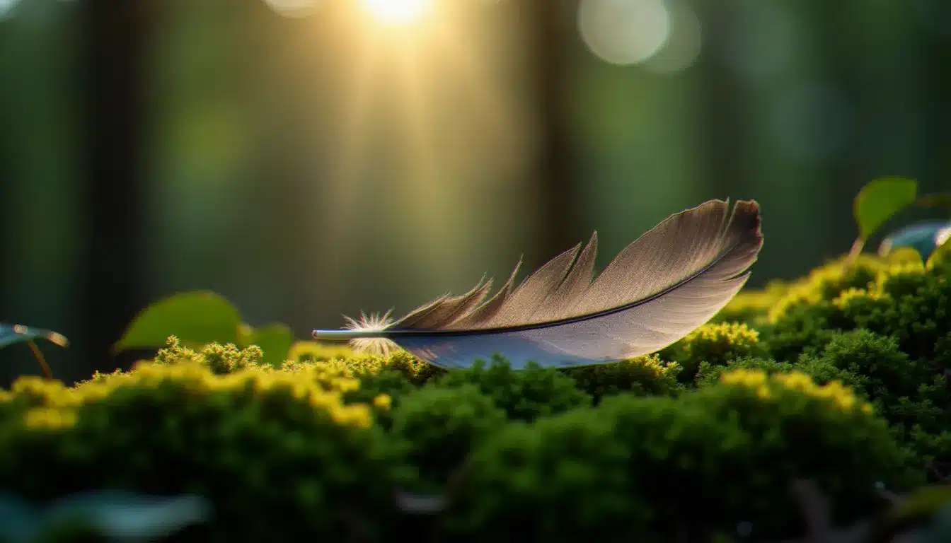 Plume grise et blanche posée sur un sol forestier moussu, éclairée par la lumière du matin, illustrant la signification plume grise et blanche dans un cadre naturel et spirituel