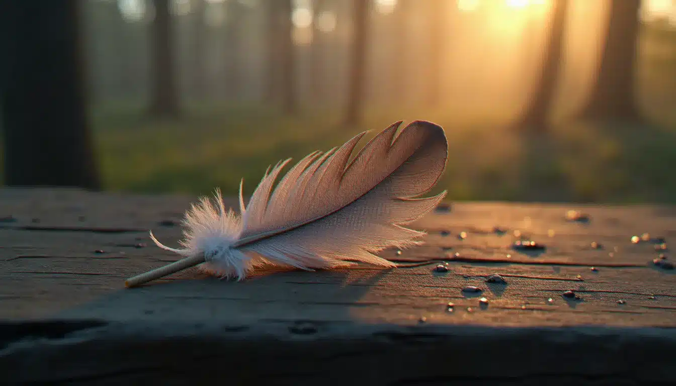 Une plume grise délicate posée sur du bois ancien au bord d'une forêt brumeuse à l'aube, illustrant la signification plume grise dans la spiritualité