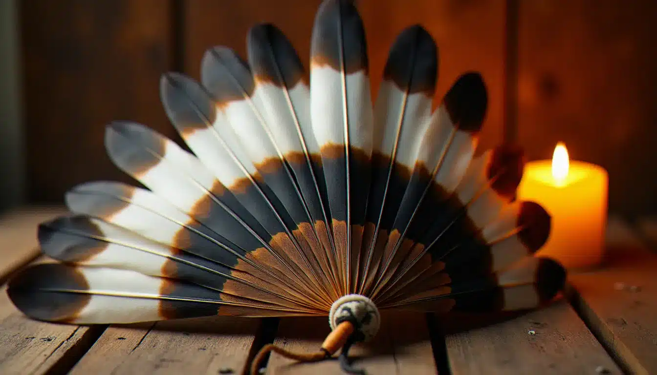 Détail d'une coiffe cérémonielle amérindienne avec des plumes d'aigle disposées en éventail sur bois naturel, illustrant la symbolique des plumes dans les traditions autochtones