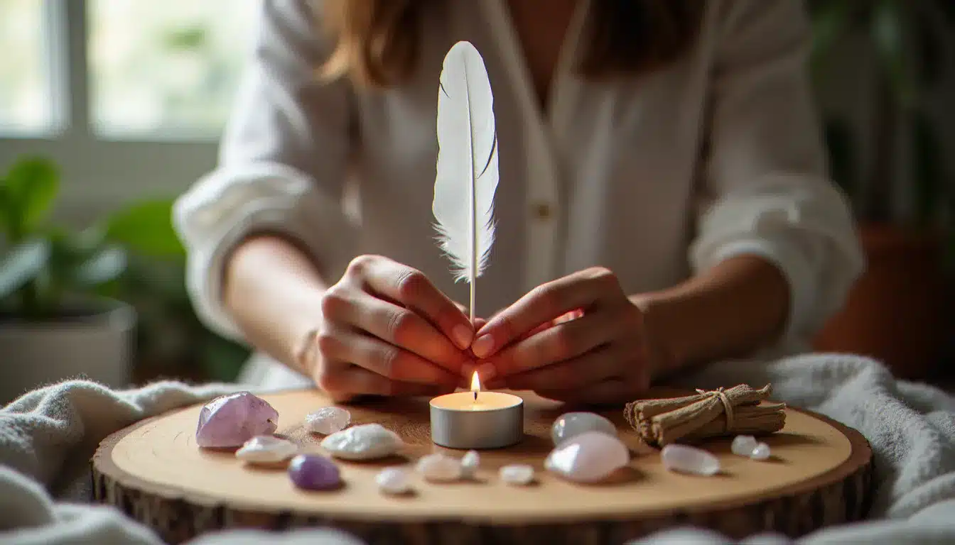 Mains féminines tenant une plume blanche au-dessus d'un autel de cristaux et de sauge séchée, représentant l'utilisation rituelle de la symbolique plume dans la pratique spirituelle quotidienne