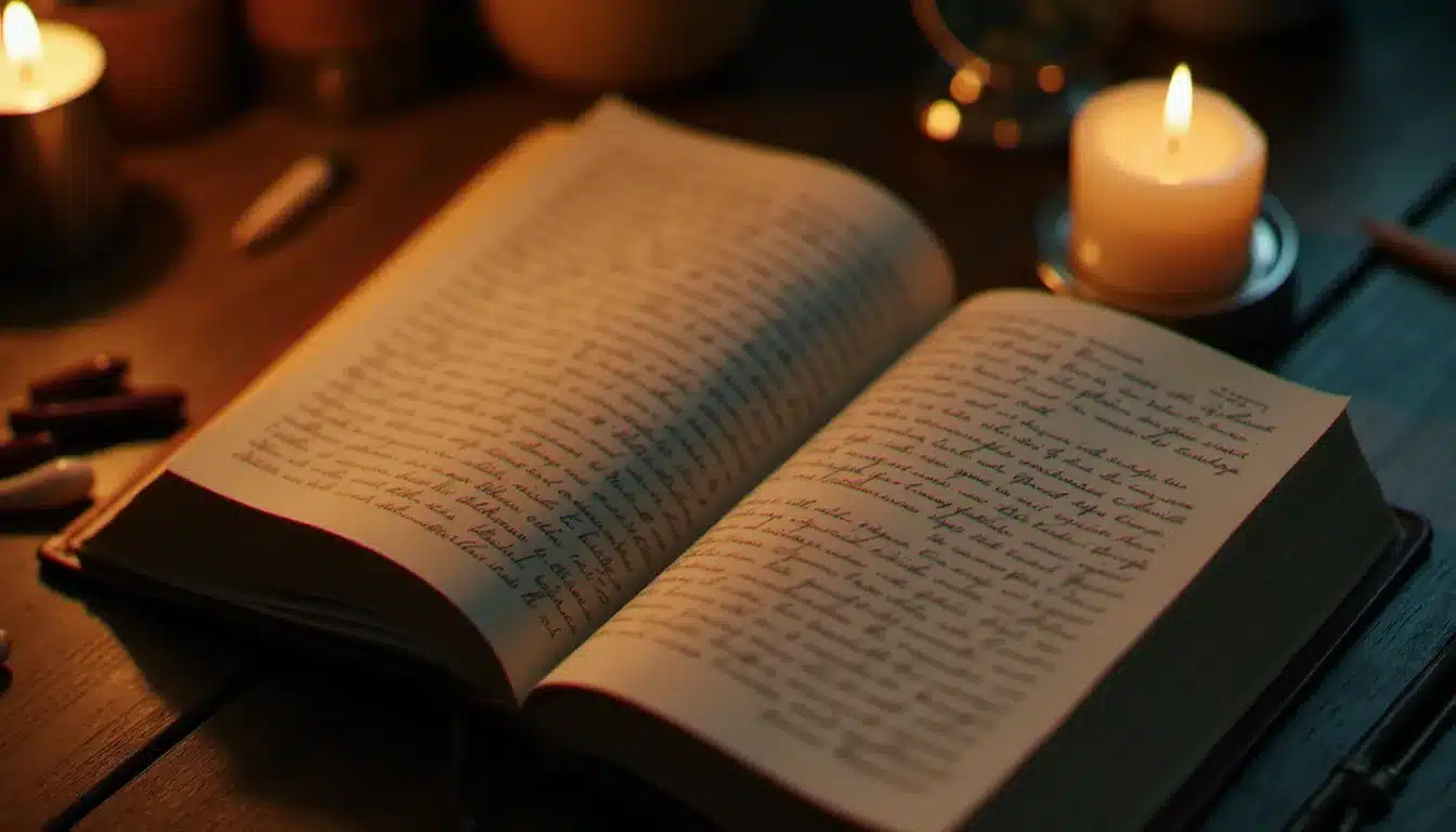 Livre de numérologie ouvert avec notes manuscrites et bougie, évoquant l'étude des nombres angéliques et des heures miroirs