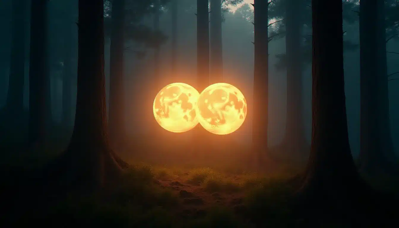 Deux orbes lumineux dorés représentant la connexion entre deux âmes flammes jumelles dans une forêt nocturne mystérieuse