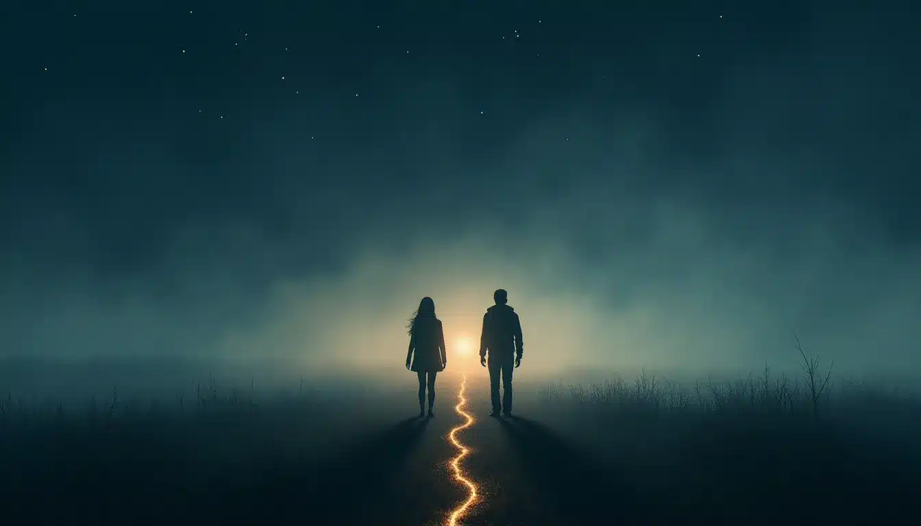Deux silhouettes séparées reliées par un fil de lumière dorée dans la nuit, symbolisant le lien entre flammes jumelles malgré la distance