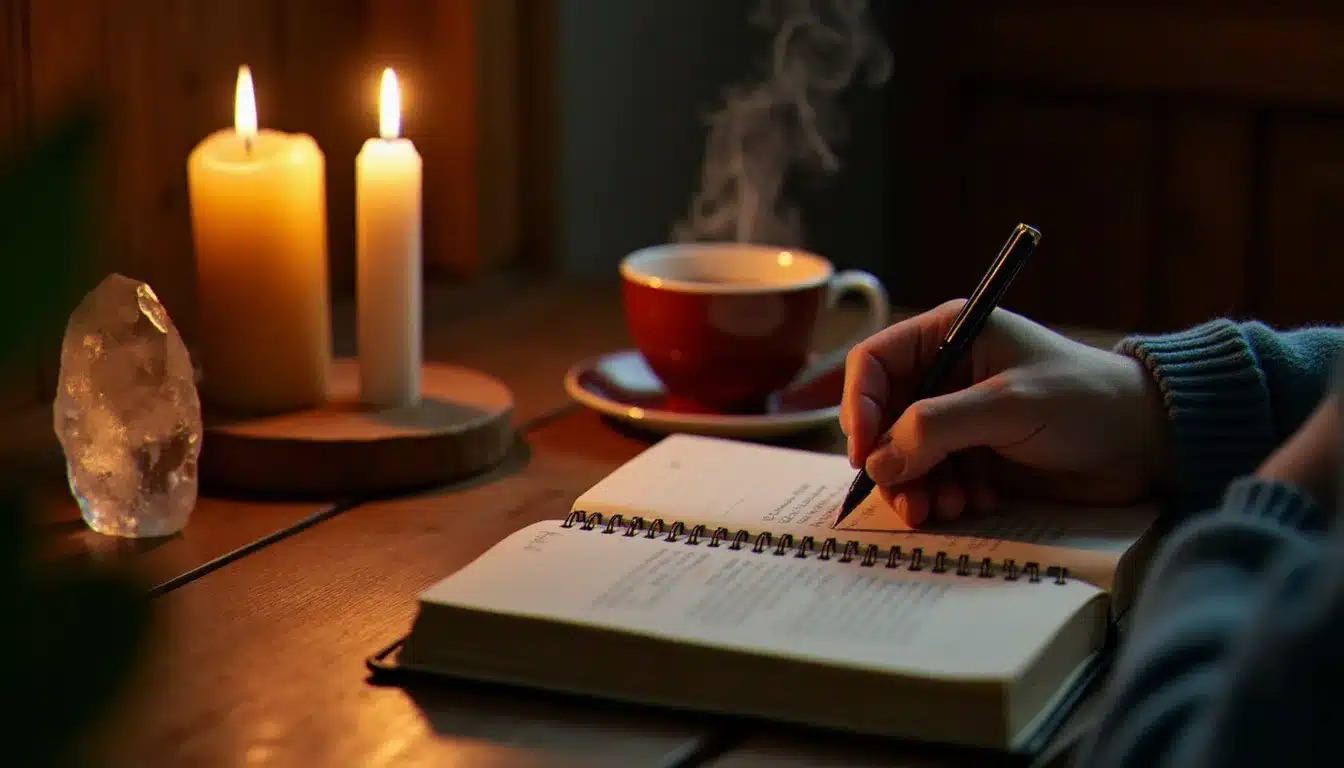 Mains écrivant dans un journal spirituel à la bougie la nuit, pratique de pleine conscience recommandée lors des réveils à 02h02 sur le chemin flamme jumelle