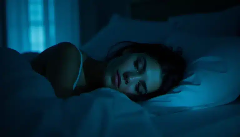 Femme éveillée dans l'obscurité regardant un réveil affichant 02h02, en lien avec la signification spirituelle de cette heure miroir pour les flammes jumelles