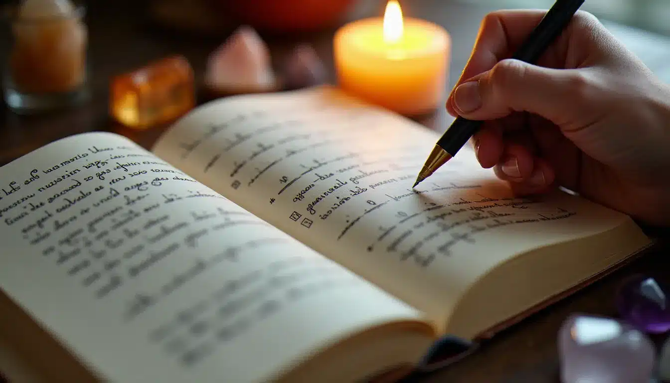 Journal de numérologie ouvert avec cristaux et bougie — pratique concrète d'interprétation des heures miroirs comme 03 03
