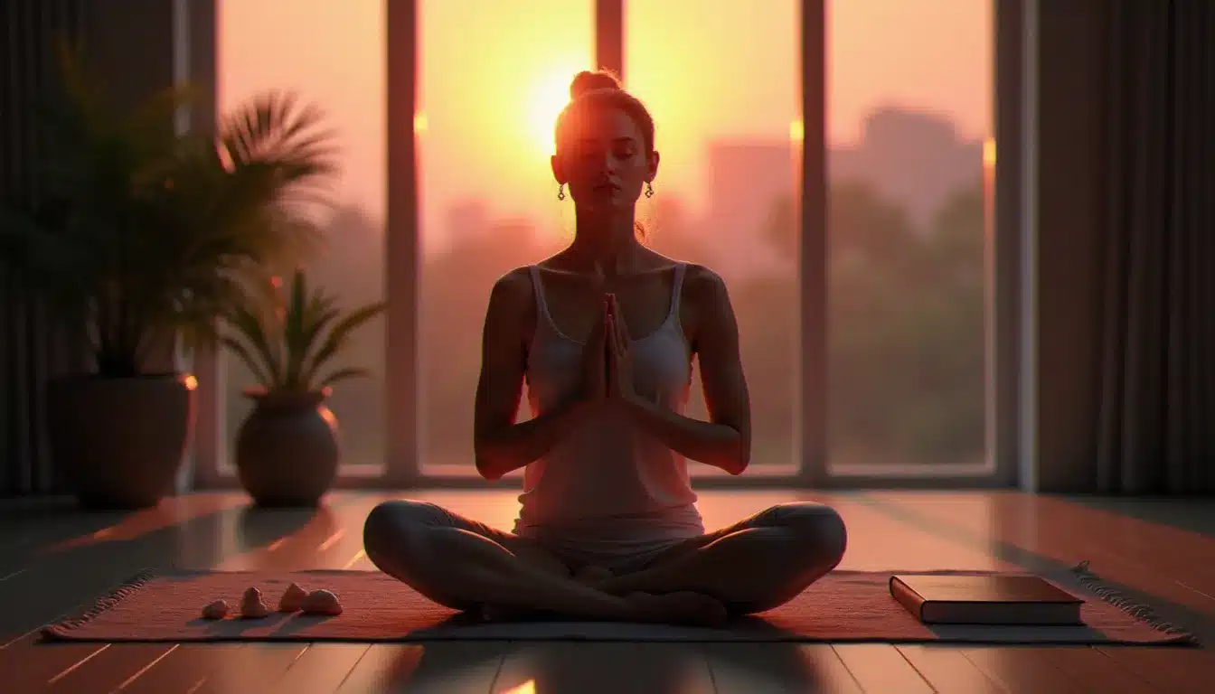 Femme en méditation les mains sur le cœur au lever du soleil, pratiquant un rituel d'ancrage après s'être réveillée à 03h03