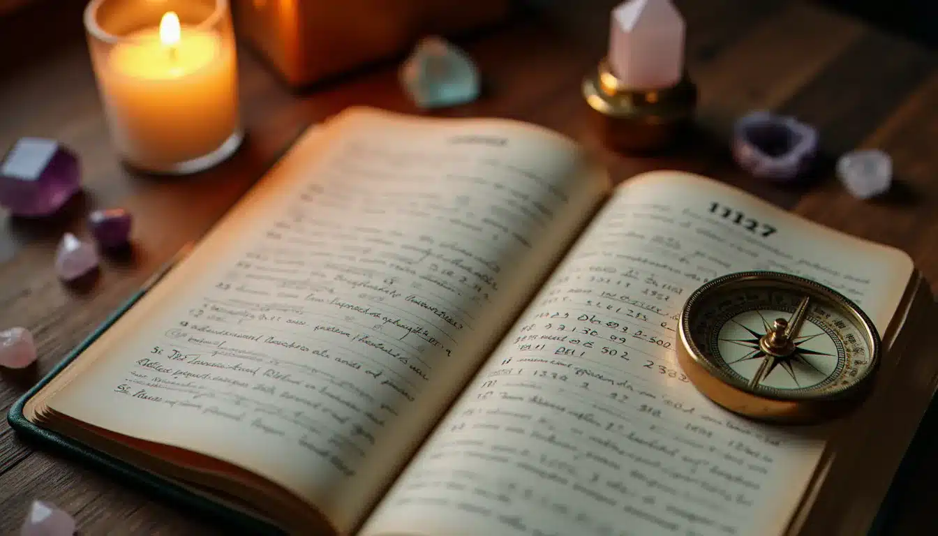Carnet ouvert avec des calculs numérологiques manuscrits entouré de cristaux et d'une bougie, symbolisant l'étude des chiffres et de la signification de 05h55