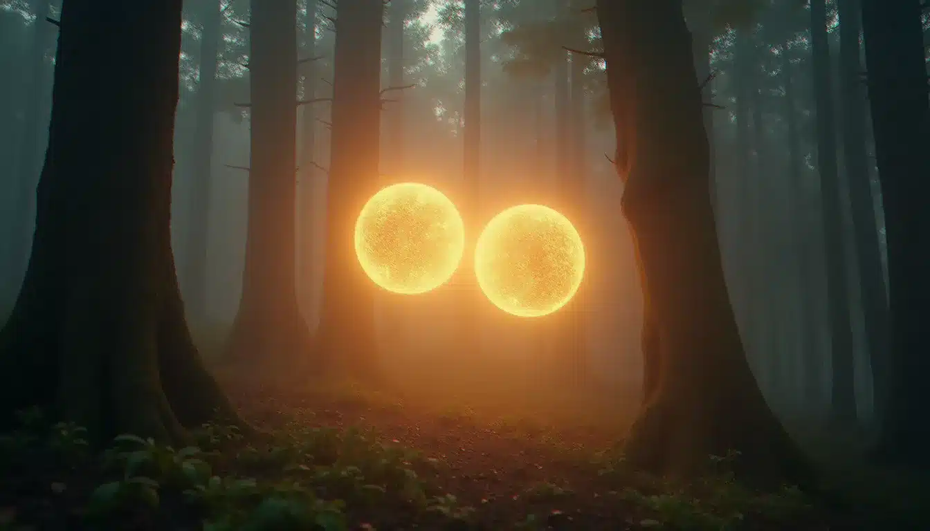 Deux sphères lumineuses dorée et argentée dans une forêt brumeuse à l'aube, symbolisant la connexion entre flammes jumelles évoquée par l'heure 05h55