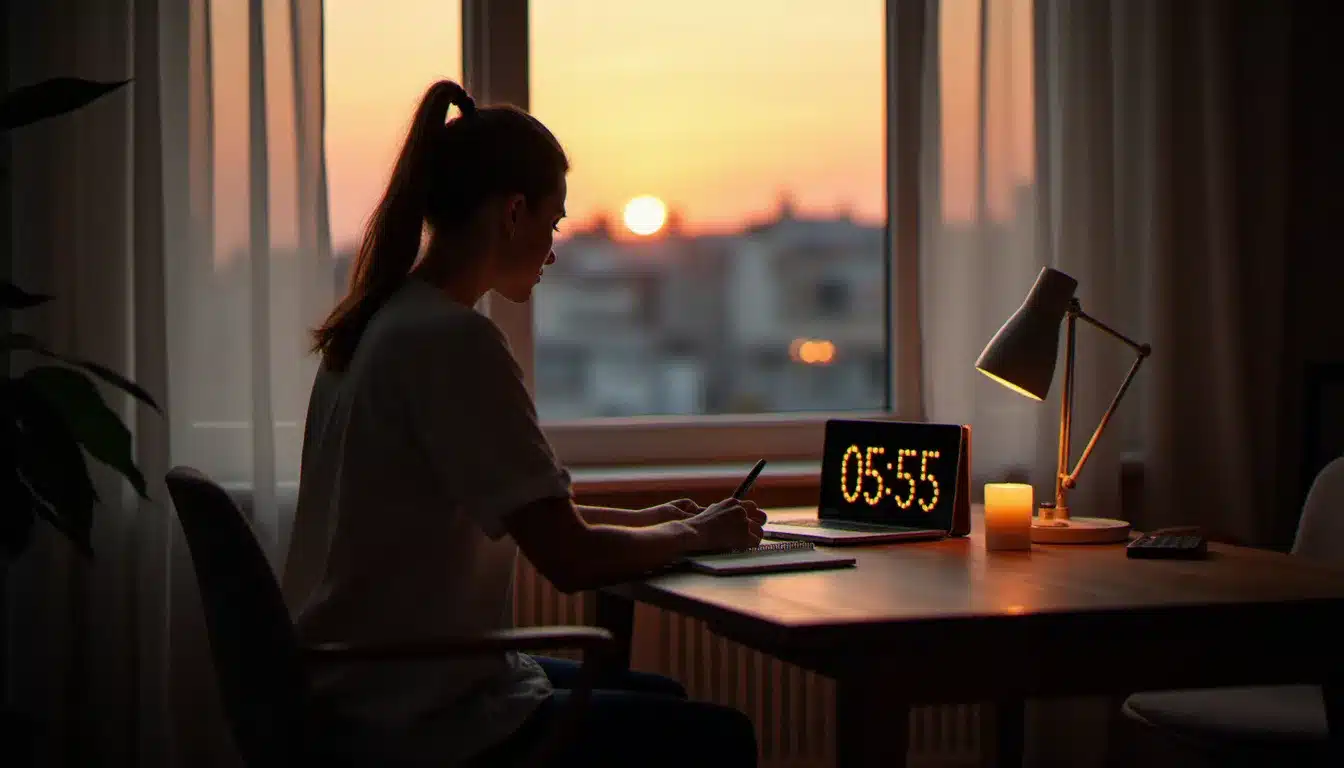 Femme contemplant l'heure 05h55 sur une horloge numérique au lever du jour, lumière de l'aube, ambiance introspective et spirituelle