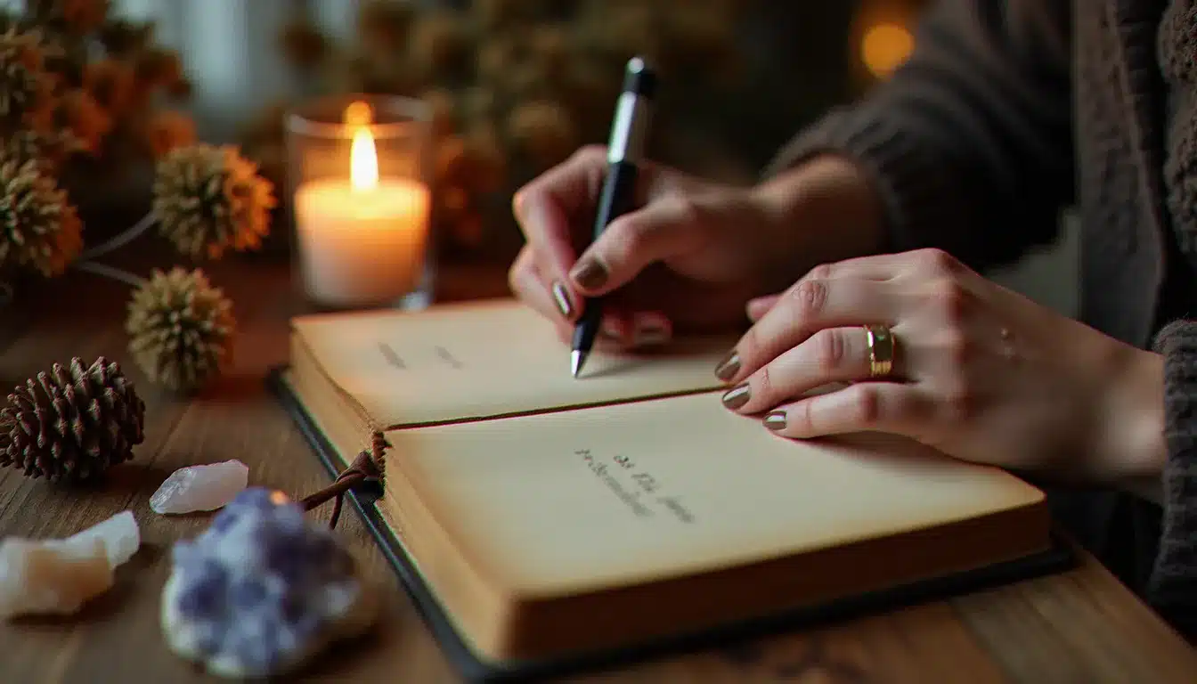 Mains d'une femme écrivant dans un journal spirituel à la lueur d'une bougie, pratique de journaling recommandée lors des synchronicités de flamme jumelle