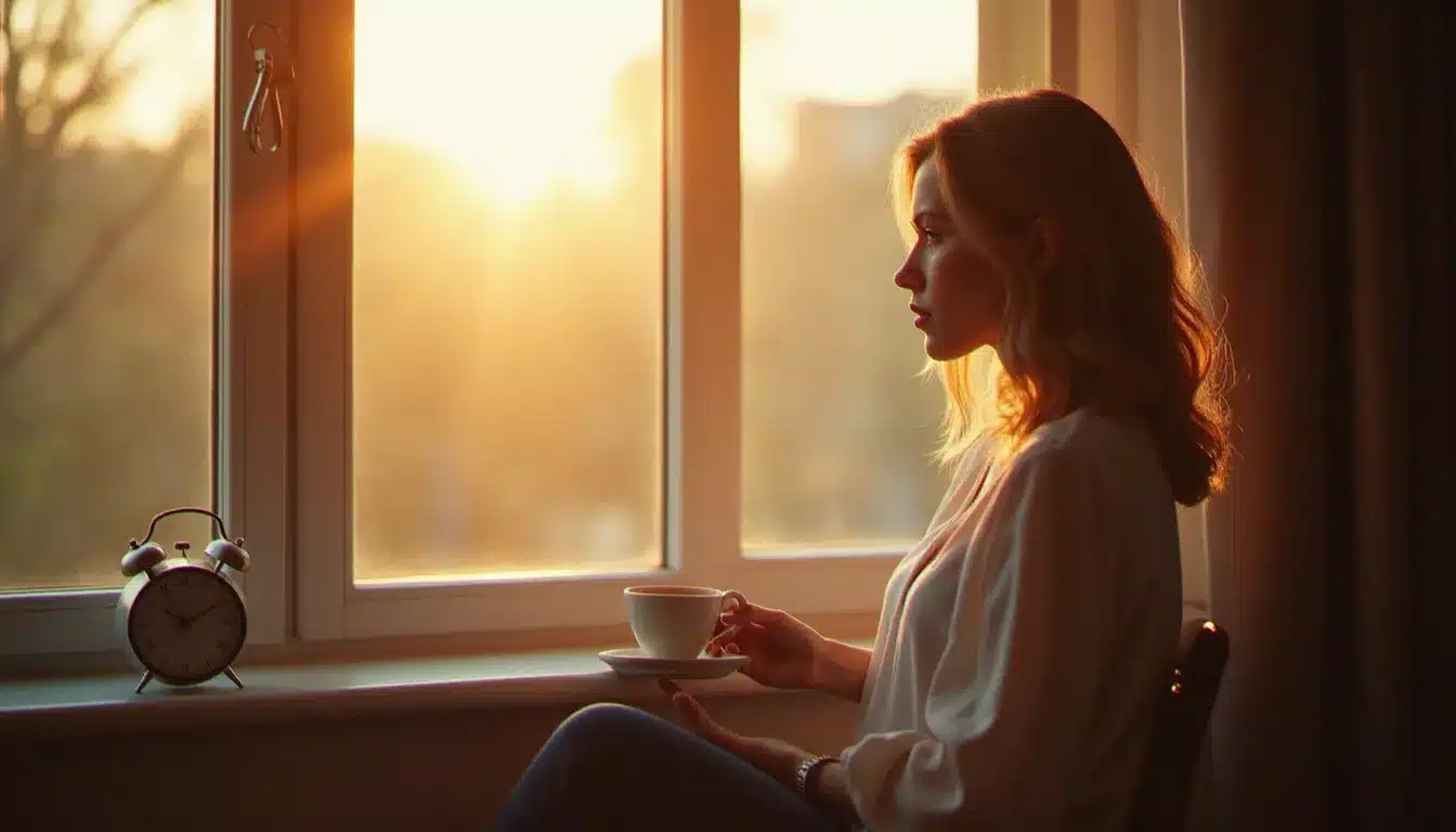 Femme en contemplation devant une fenêtre au lever du soleil avec une horloge indiquant 10h10, illustrant la synchronicité de l'heure miroir en lien avec la flamme jumelle