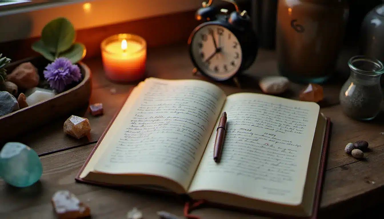 Journal ouvert avec notes manuscrites sur les synchronicités, horloge indiquant 17h17 et bougies allumées pour un rituel d'interprétation des heures miroirs