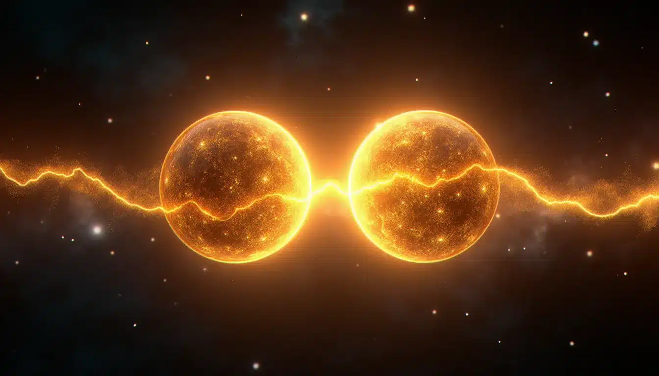 Deux sphères de lumière dorée reliées par un fil lumineux dans un ciel étoilé, représentant la connexion entre deux flammes jumelles sur leur chemin d'âme