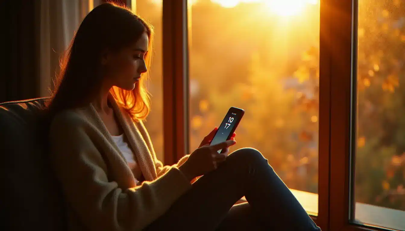 Femme contemplative regardant son téléphone affichant 17h17 près d'une fenêtre ensoleillée, illustration de la signification du 17h17 pour la flamme jumelle