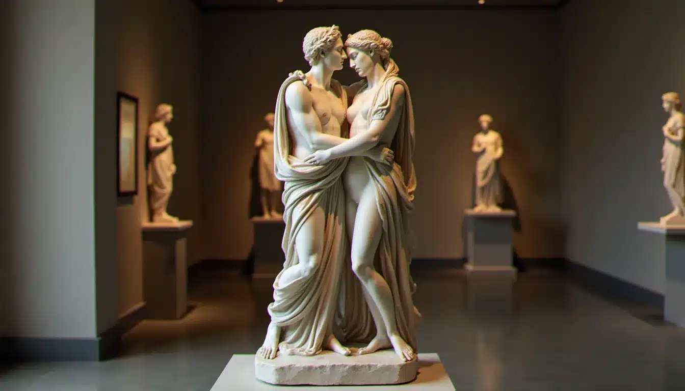 Sculpture grecque antique représentant deux êtres entrelacés, évoquant le mythe platonicien des androgynes à l'origine du concept d'âme sœur