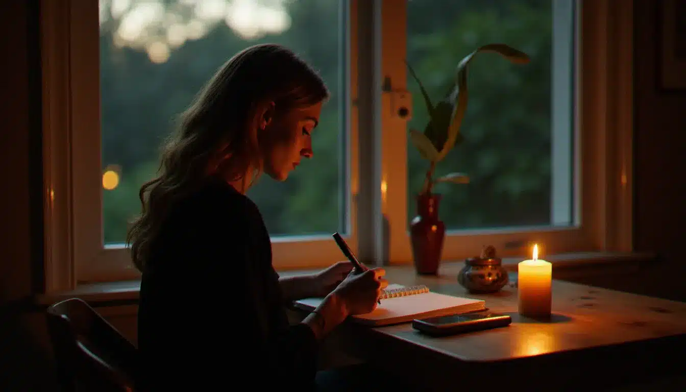 Femme écrivant dans un journal intime à la lumière d'une bougie au crépuscule, illustrant le travail intérieur de préparation à la rencontre de son âme sœur