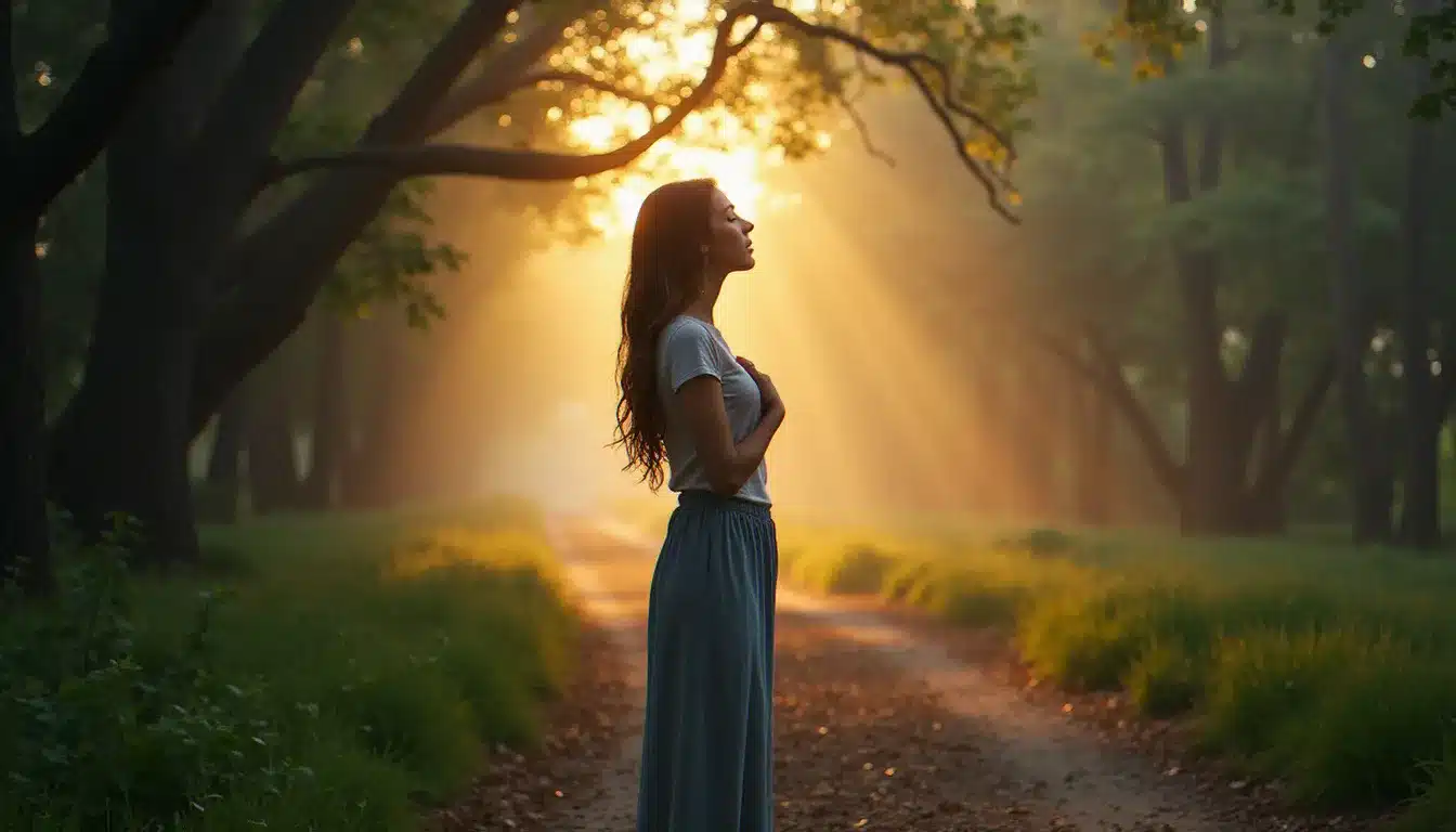 Femme en contemplation au bord d'un chemin forestier dans la brume du matin, symbolisant la quête intérieure et la reconnexion à soi