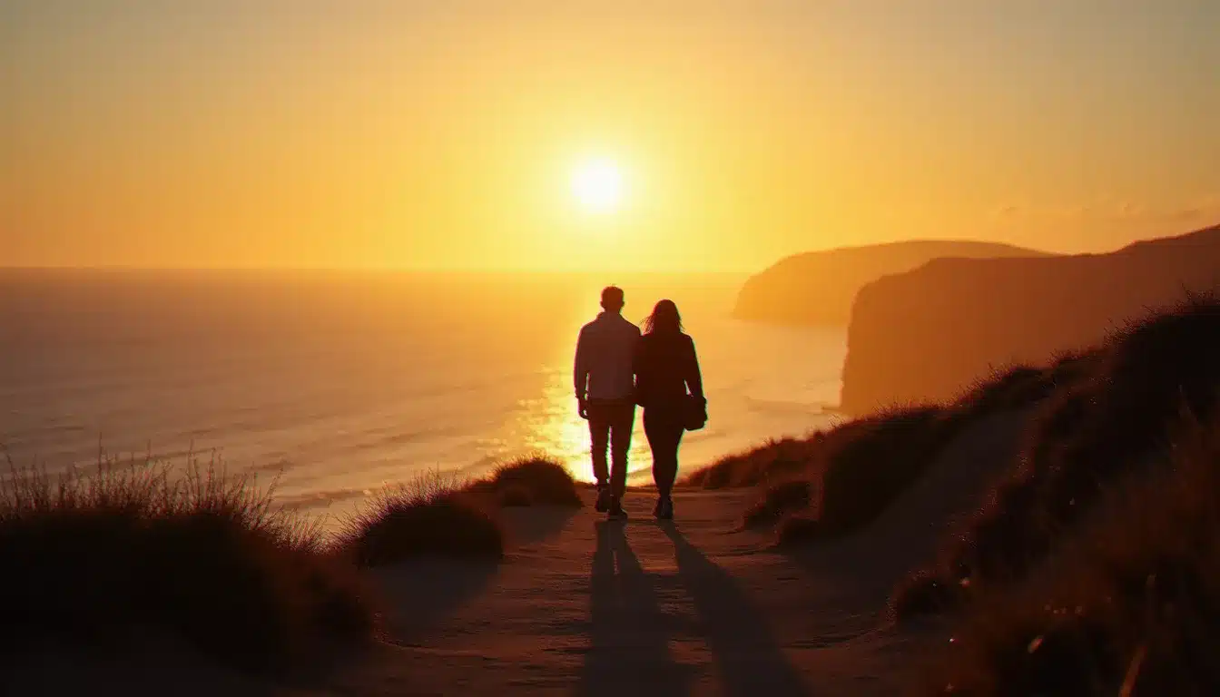 Deux silhouettes marchant côte à côte au coucher du soleil sur un chemin côtier, évoquant la transformation et la croissance mutuelle d'une relation d'âmes sœurs