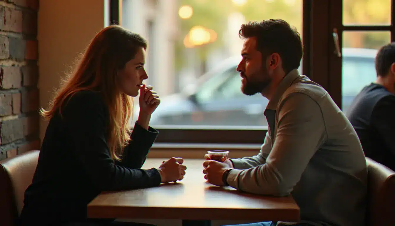 Deux personnes partageant un moment de connexion profonde dans un café baigné de lumière naturelle, illustrant la reconnaissance d'une âme sœur