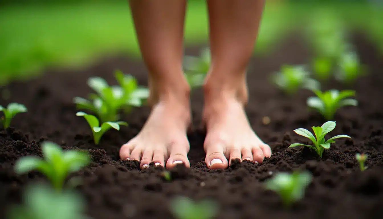 Pieds nus posés sur la terre humide d'un jardin, symbolisant l'ancrage spiritualité par le contact direct avec la nature