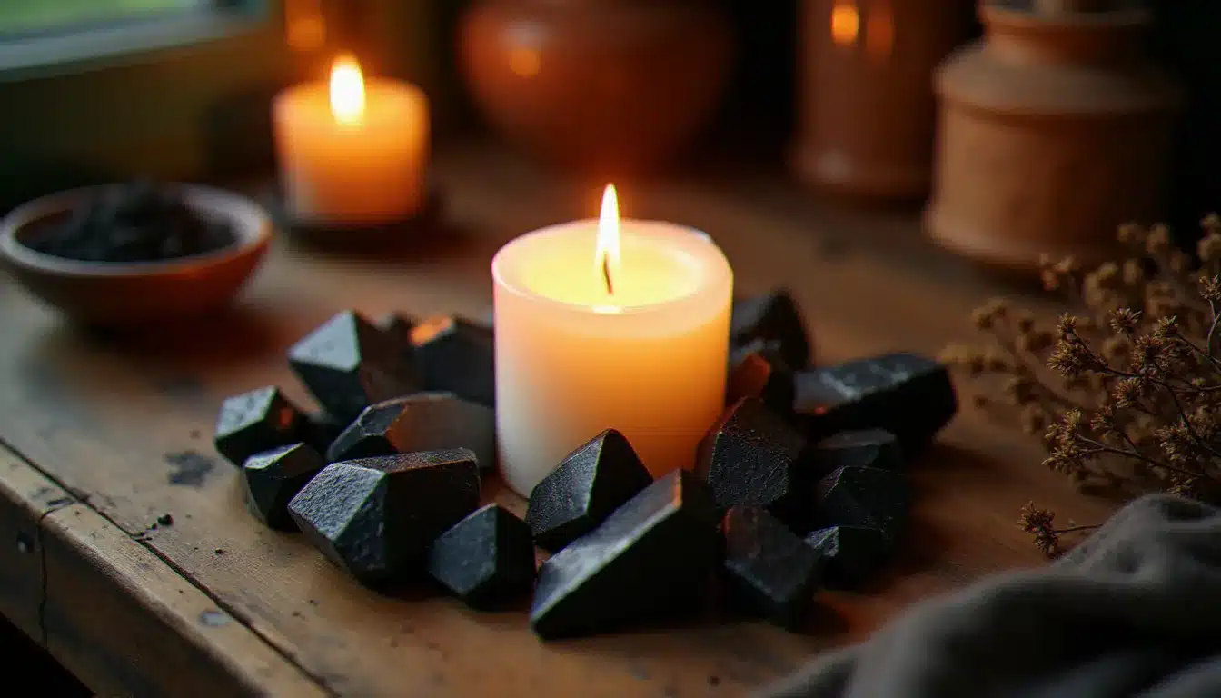 Autel d'ancrage spiritualité avec bougie allumée, cristaux de tourmaline noire et hématite sur bois brut