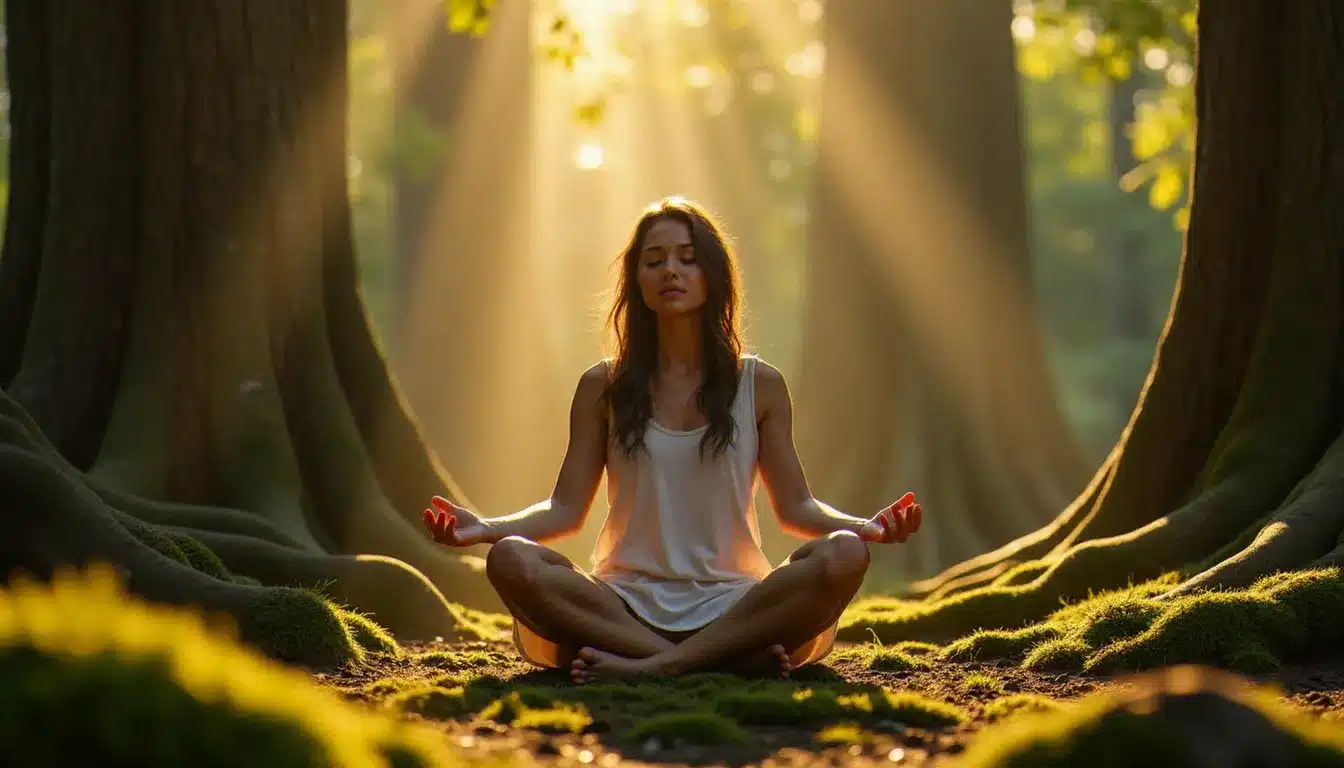 Femme méditant pieds nus sur la terre en forêt, pratique d'ancrage spiritualité au lever du soleil