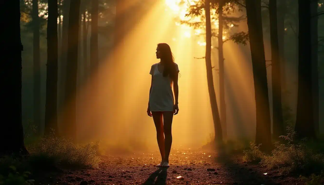 Femme debout pieds nus sur la terre d'une forêt à l'aube, connectée à l'énergie terrestre, illustrant les pratiques de purification et d'ancrage pour transformer une aura sombre