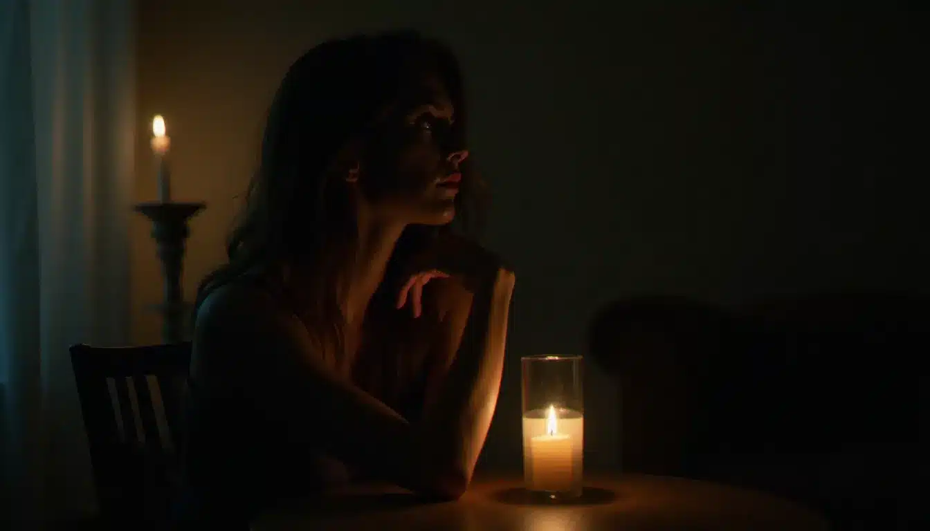 Femme méditant dans une pénombre lumineuse avec un champ énergétique sombre visible autour d'elle, illustrant la signification d'une aura noire