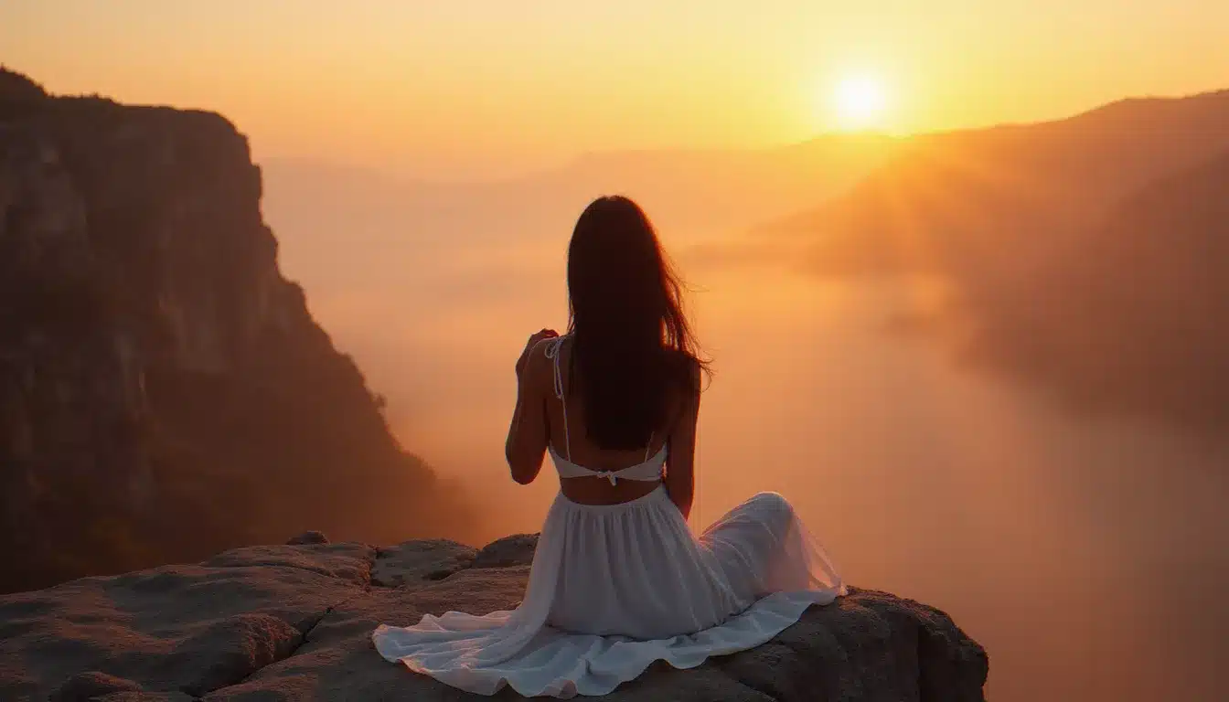 Femme seule contemplant l'horizon depuis une falaise au coucher du soleil, symbolisant la durée et la traversée intérieure de la séparation des flammes jumelles