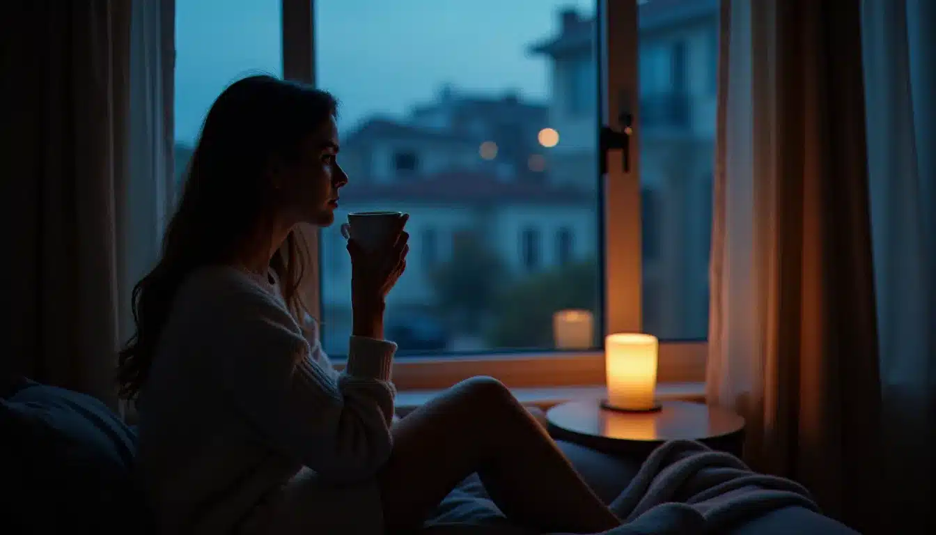 Femme en introspection près d'une fenêtre au crépuscule, symbolisant la disponibilité intérieure et les signes que l'on ressent avant de rencontrer son âme sœur