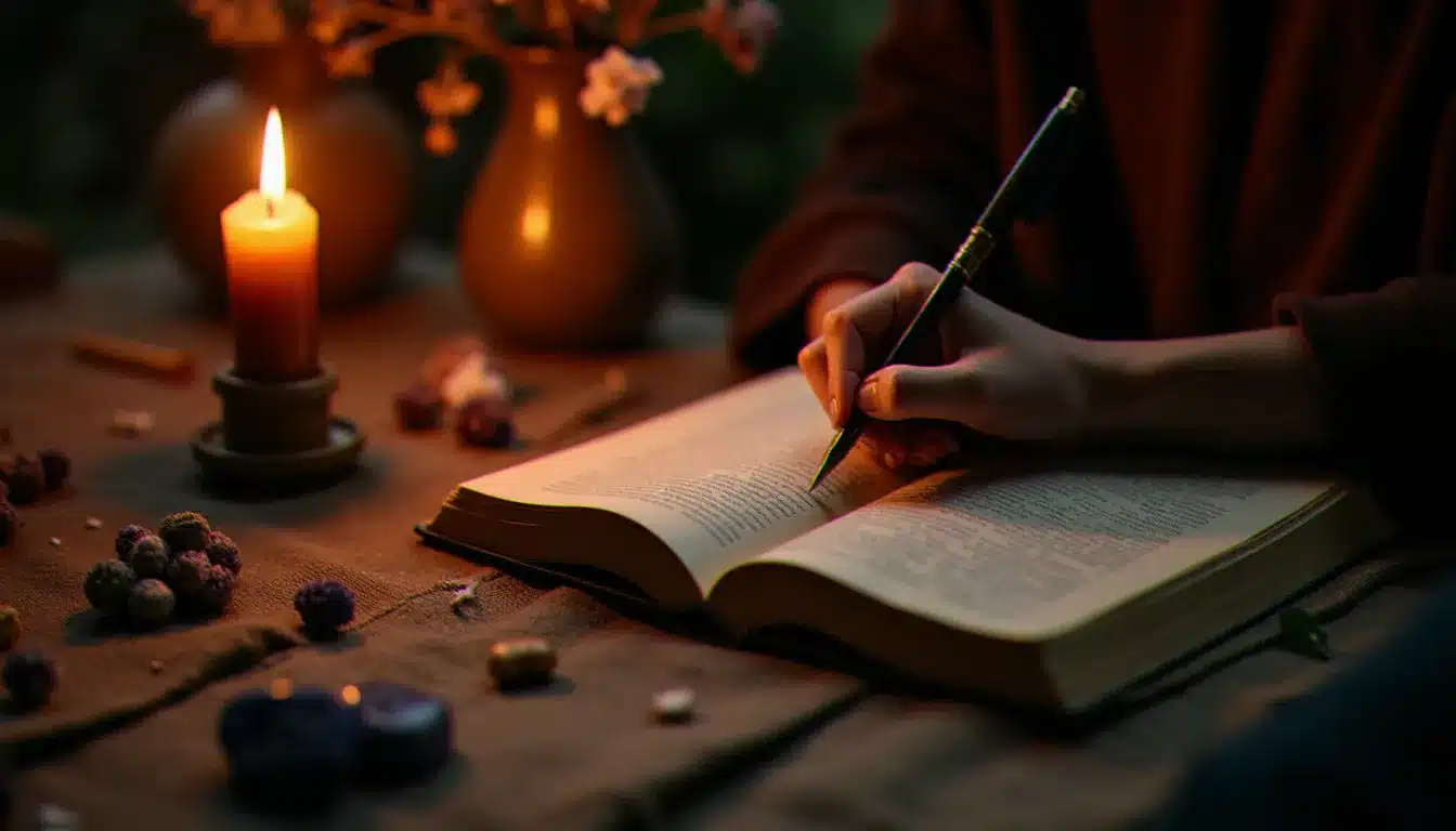 Personne écrivant dans un journal à la lueur d'une bougie entourée de cristaux et de fleurs séchées, représentant les rituels spirituels pour attirer son âme sœur
