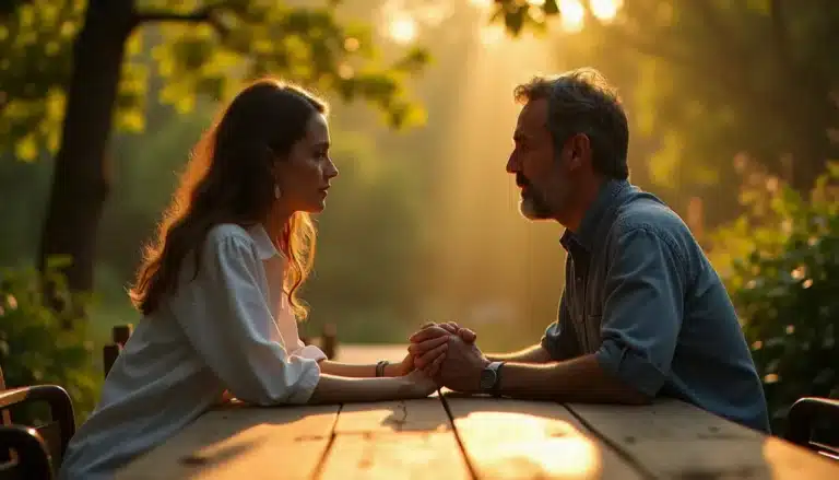 Deux personnes se regardant dans les yeux avec une expression de reconnaissance profonde dans un jardin ensoleillé, illustrant la définition âme sœur comme rencontre de deux consciences apparentées