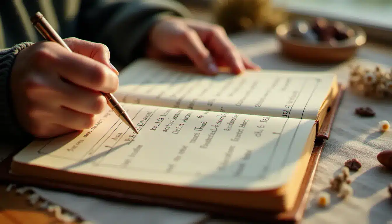 Carnet ouvert avec des calculs de numérologie basés sur des dates de naissance, entouré de cristaux et fleurs séchées, lumière naturelle du matin