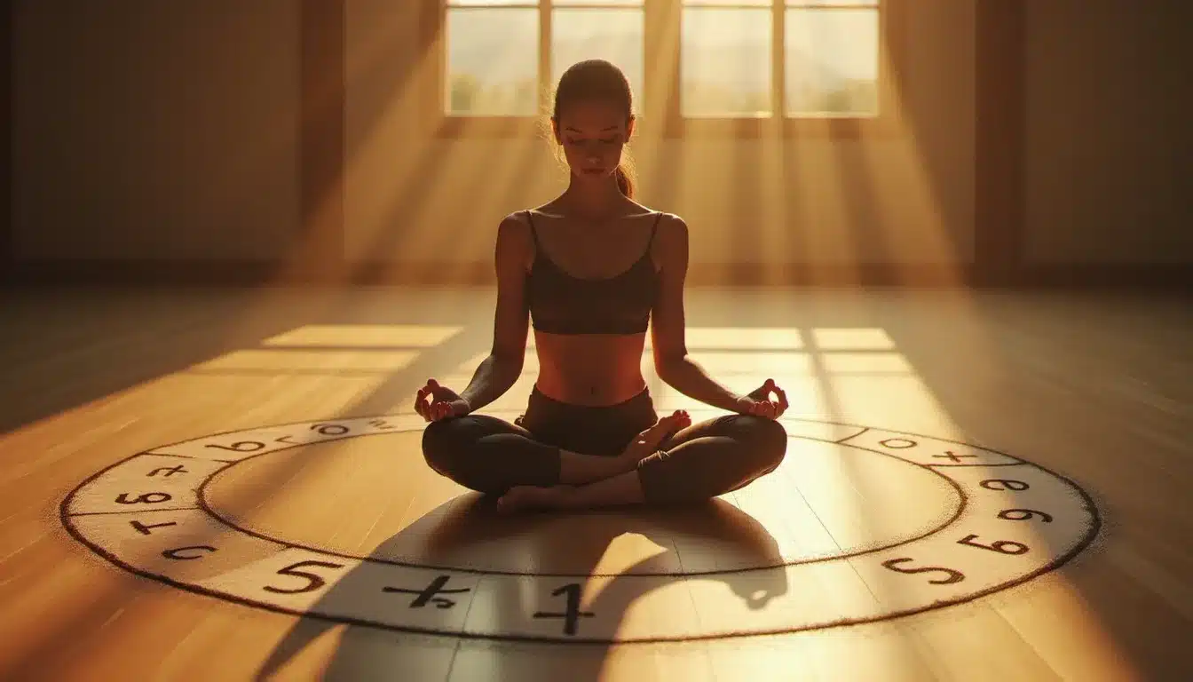 Femme en méditation entourée d'un cercle numérique représentant les chemins de vie de la numérologie, dans un espace de pratique spirituelle épuré