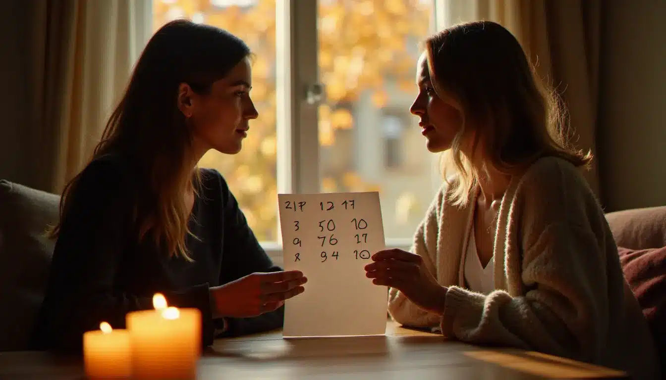 Deux femmes explorant ensemble leurs dates de naissance pour identifier leur famille d'âme, à la lumière d'une bougie dans un cadre chaleureux